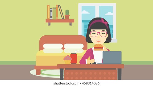 An asian young woman working on laptop while eating junk food on the background of bedroom. Vector flat design illustration. Horizontal layout.