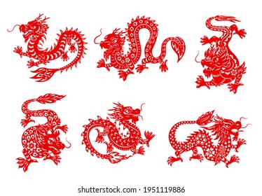 Asian zodiac horoscope dragon vector papercuts. Red dragon animal isolated horoscope symbols with Asian paper cut ornaments of flowers, fire flames and clouds, oriental astrology