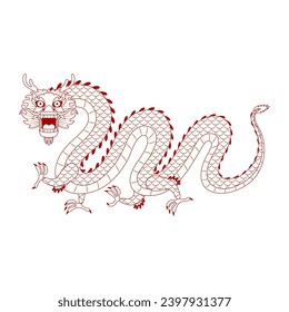 Asian zodiac sign, Chinese dragon character line art illustration. 2024 Lunar New Year hand drawn vector. Asian style design. Element for traditional holiday card, banner, poster, decor