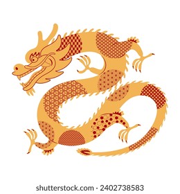 Asian zodiac sign, Chinese dragon with patterns character flat illustration. 2024 Lunar New Year hand drawn vector. Asian style design. Element for traditional holiday card, banner, poster, decor