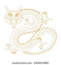 Asian zodiac sign, Chinese dragon character outline illustration. Gold outline for dark backgrounds. 2024 Lunar New Year hand drawn vector. Asian style design. Element for traditional holiday decor