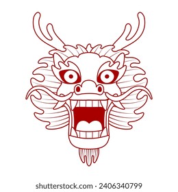 Asian zodiac sign, Chinese dragon face outline character illustration. 2024 Lunar New Year hand drawn vector. Asian style design. Element for traditional holiday card, banner, poster, decor