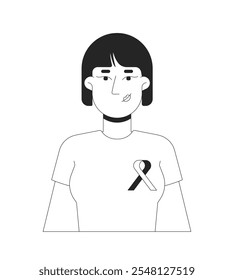 Asian-american woman wearing tshirt solidarity ribbon black and white 2D line character. Breast cancer awareness tee female korean isolated vector outline person. Monochromatic spot illustration