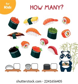 Asianfood. panda counts different types of sushi Mini game for kids, How many. Japanese cuisine