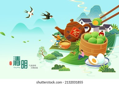 Asians eating cold food such as green rice balls, boiled eggs during Qing Ming Festival. Translation: Qingming Festival. The clearness and brightness of spring scenery bring all things back to life.