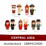 Asians in national clothes. Central Asia. Set of cartoon characters in traditional costume. Cute people. Vector flat illustrations.