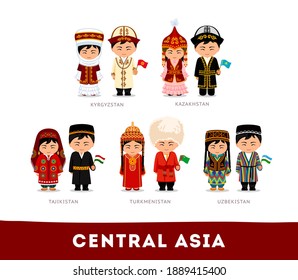 Asians in national clothes. Central Asia. Set of cartoon characters in traditional costume. Cute people. Vector flat illustrations.
