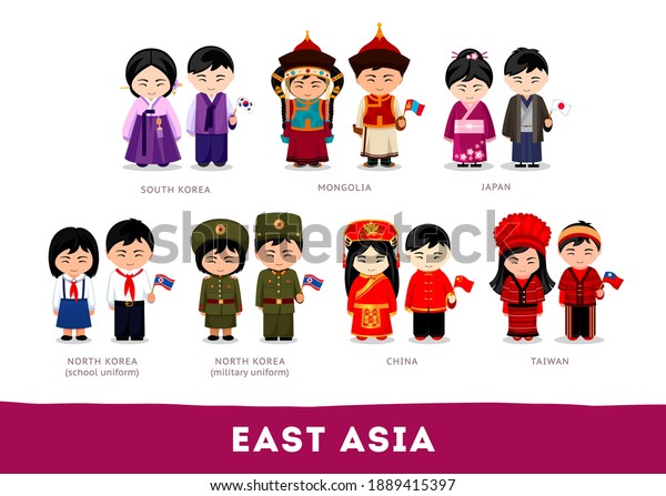 Asians in national clothes. East Asia. Set\
of cartoon characters in traditional costume. Cute people. Vector\
flat illustrations.