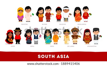 Asians in national clothes. South Asia. Set of cartoon characters in traditional costume. Cute people. Vector flat illustrations.