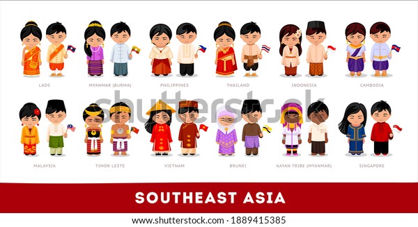 Asians in national clothes. Southeast\
Asia. Set of cartoon characters in traditional costume. Cute\
people. Vector flat\
illustrations.