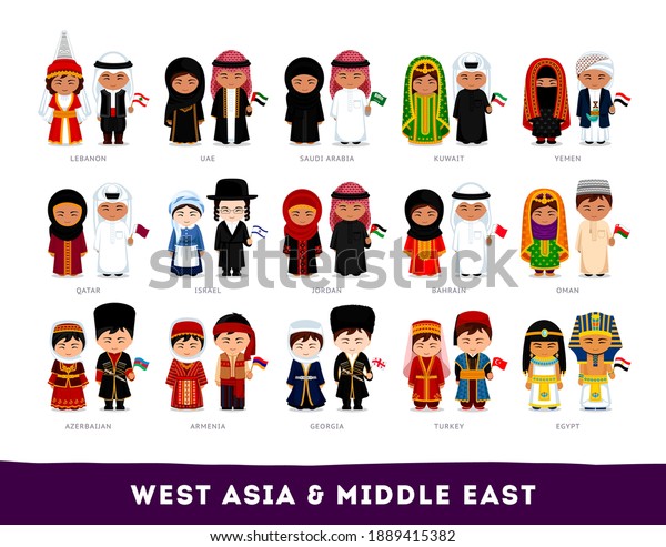 Asians in national clothes. West Asia and\
Middle East. Set of cartoon characters in traditional costume. Cute\
people. Vector flat\
illustrations.