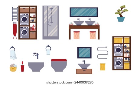 Asian-style bathroom, toilet and laundry furniture set with a bidet and a shower cabin, a collection for an oriental Japanese interior, is highlighted on a white background, icons in a flat style