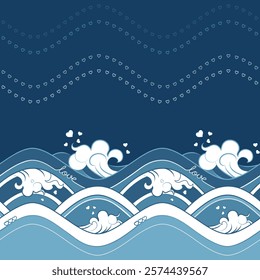 An Asian-style line drawing of swirling waves adorned with heart-shaped bubbles and the word "love". Seamless pattern of sea, ocean, wave. Asian style art. Love, hearts, Valentines.