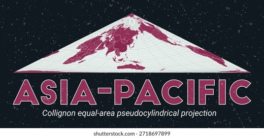 Asia-Pacífico. Mapa mundial. Proyección pseudocilíndrica de área igual de Collignon centrada en Asia-Pacífico. Pale Mint Dark Pink. Textura de Antiguas. Ilustración vectorial artística.