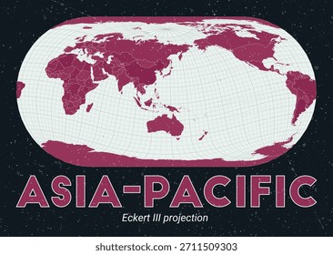 Ásia-Pacífico. Mapa do mundo. Projeção de Eckert III centrada na Ásia-Pacífico. Paleta de menta pálida rosa escuro. Textura vintage. Ilustração vetorial moderna.