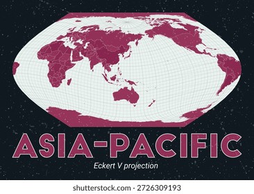 Asia-Pacífico. Mapa mundial. Proyección Eckert V centrada en Asia-Pacífico. Pale Mint Dark Pink. Textura de Antiguas. Ilustración vectorial viva.