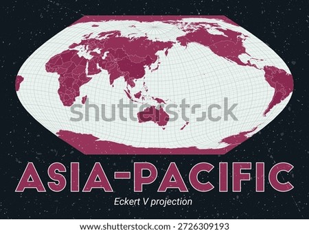 Asia-Pacific. World map. Eckert V projection centered to Asia-Pacific. Pale Mint Dark Pink palette. Vintage texture. Alive vector illustration.