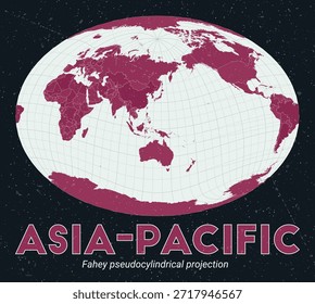 Asia-Pacífico. Mapa mundial. Proyección pseudocilíndrica de Fahey centrada en Asia-Pacífico. Pale Mint Dark Pink. Textura de Antiguas. Ilustración vectorial con clase.