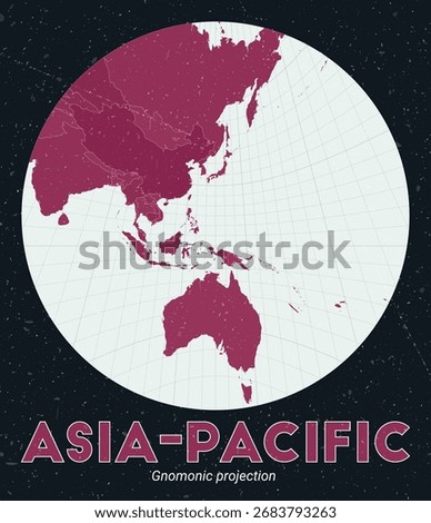 Asia-Pacific. World map. Gnomonic projection centered to Asia-Pacific. Pale Mint Dark Pink palette. Vintage texture. Elegant vector illustration.