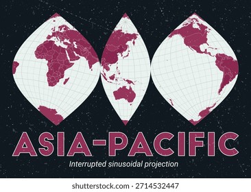 Asia-Pacífico. Mapa mundial. Proyección sinusoidal interrumpida centrada en Asia-Pacífico. Pale Mint Dark Pink. Textura de Antiguas. Elegante Ilustración vectorial.