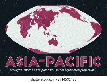 Ásia-Pacífico. Mapa do mundo. Projeção sinusoidal plana-polar McBryde-Thomas de área igual centrada na Ásia-Pacífico. Paleta de menta pálida rosa escuro. Textura vintage. Ilustração vetorial com estilo.