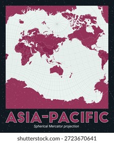 Asia-Pacífico. Mapa mundial. Proyección esférica de Mercator centrada en Asia-Pacífico. Pale Mint Dark Pink. Textura de Antiguas. Ilustración vectorial vibrante.