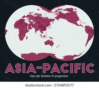 Asia-Pacific. World map. Van der Grinten IV projection centered to Asia-Pacific. Pale Mint Dark Pink palette. Vintage texture. Charming vector illustration.