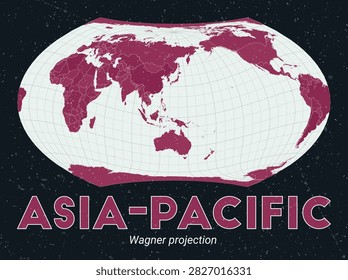 Asia-Pacific. World map. Wagner projection centered to Asia-Pacific. Pale Mint Dark Pink palette. Vintage texture. Elegant vector illustration.