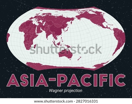 Asia-Pacific. World map. Wagner projection centered to Asia-Pacific. Pale Mint Dark Pink palette. Vintage texture. Elegant vector illustration.