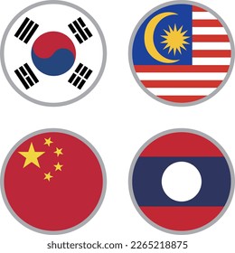 Asiasn flag icon vector material set,Korea,Malaysia,China,Laos