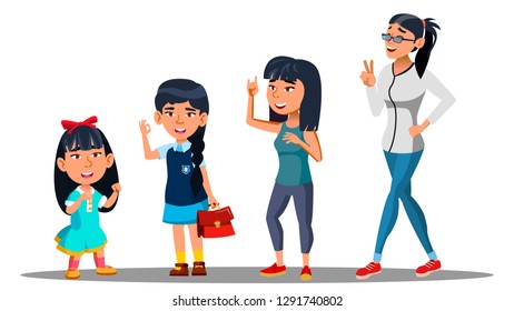 Asiatic Generation Female Vector. Mother, Daughter, Granddaughter, Baby, Teen. Vector. Isolated Illustration