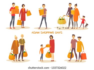 Asiatic people or asian man, woman at shopping