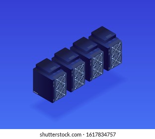 ASIC bitcoin miner and ASIC mining farm. Bitcoin mining. Application Specific Integrated Circuit. Antminer isometric view. Cryptocurrency mining equipment and hardware isolated on blue.