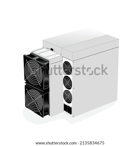 ASIC bitcoin miner and ASIC mining farm. Bitcoin mining. Application Specific Integrated Circuit. Antminer isometric view.Cryptocurrency mining equipment and hardware isolated on white.