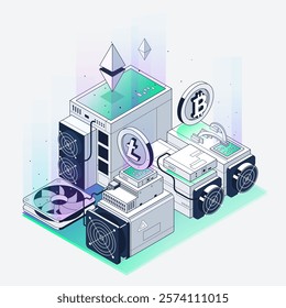 ASIC Mining Farm Isometric illustration. Bitcoin Miner. Cryptocurrency mining equipment and hardware