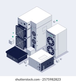 ASIC Mining Farm Isometric illustration. Bitcoin Miner. Cryptocurrency mining equipment and hardware. Blockchain concept