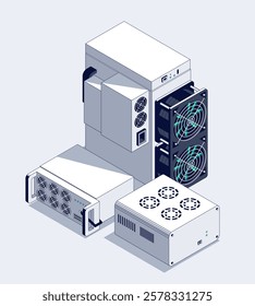 ASIC Mining Farm Isometric illustration. Bitcoin Miner. Cryptocurrency mining equipment and hardware. Blockchain Mining farm concept