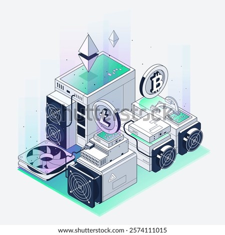 ASIC Mining Farm Isometric illustration. Bitcoin Miner. Cryptocurrency mining equipment and hardware