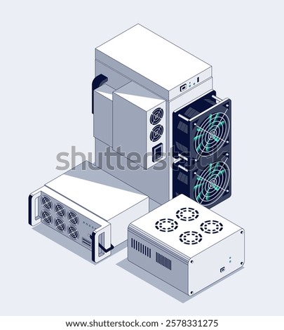 ASIC Mining Farm Isometric illustration. Bitcoin Miner. Cryptocurrency mining equipment and hardware. Blockchain Mining farm concept