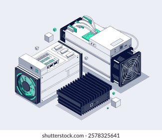 ASIC Mining Isometric illustration. Bitcoin Miner. Cryptocurrency mining equipment and hardware. Blockchain Mining farm concept 