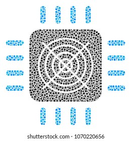 Asic Processor collage of circle dots in variable sizes and color hues. Dots are combined into asic processor vector composition. Dotted vector illustration.