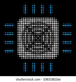 Asic processor halftone vector icon. Illustration style is pixel iconic asic processor symbol on a black background. Halftone pattern is constructed of spheric spots.