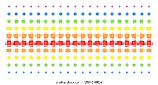 Asic Processor icon spectrum halftone pattern. Vector items arranged into halftone matrix with vertical rainbow colors gradient. Designed for backgrounds, covers, templates and abstract compositions.
