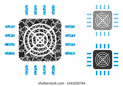ASIC processor mosaic of bumpy elements in variable sizes and color tints, based on ASIC processor icon. Vector ragged dots are grouped into collage. ASIC processor icons collage with dotted pattern.