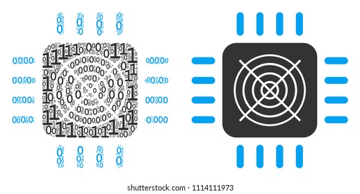 ASIC processor mosaic icon of one and zero digits in randomized sizes. Vector digital symbols are scattered into ASIC processor mosaic design concept.