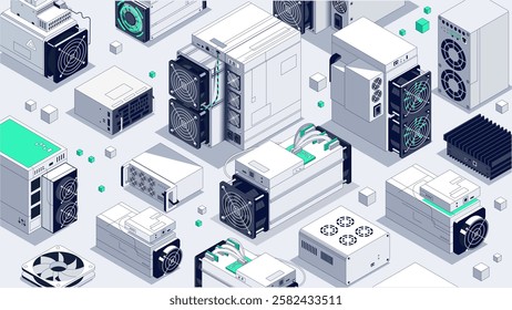 Asics Background for Mining Farm. Isometric Bg vector illustration