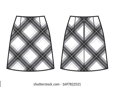 A-silhouette skirt vector checkered print. Front and back view.