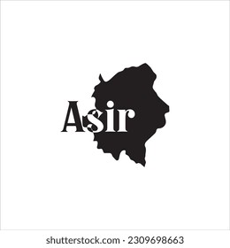 Asir map and black lettering design on white background