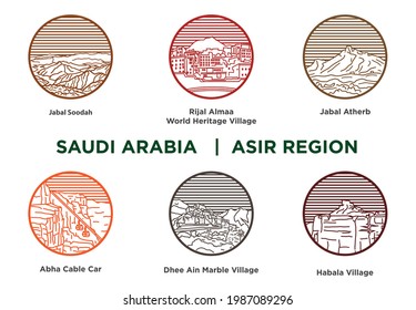 Asir Region Places and Tourist Destinations in Outline Art and Circular Frame