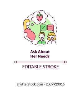 Ask about her needs concept icon. Partner support during pregnancy abstract idea thin line illustration. Expectant mom needs. Eat healthy foods. Vector isolated outline color drawing. Editable stroke